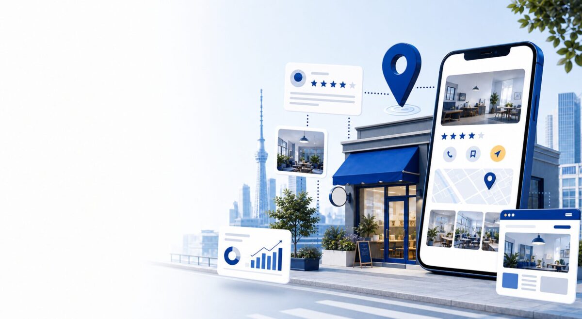 東京の店舗とGoogleビジネスプロフィール運用を表したイメージ